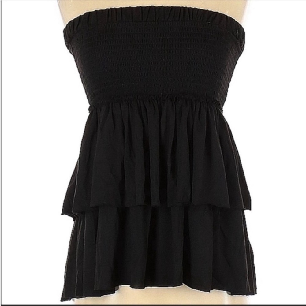 Anthropologie Saturday Sunday black strapless doubled ruffle tube top. Size XS